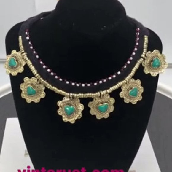 Tribal Collar Choker Stones Necklace, Ethnic Floral Choker Necklace, Statement - Picture 4 of 4